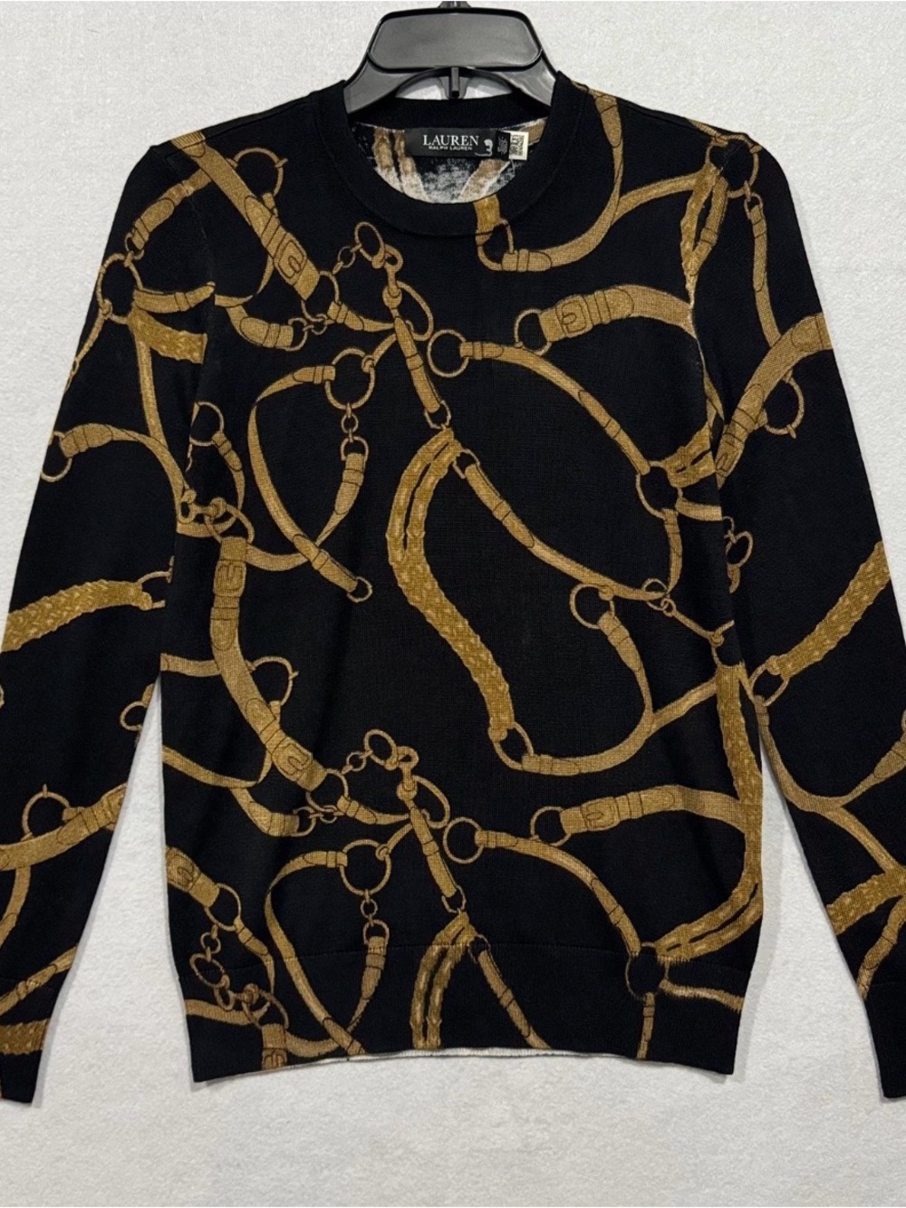Lauren Ralph Lauren Black and Gold Chain-Print Crewneck Sweater